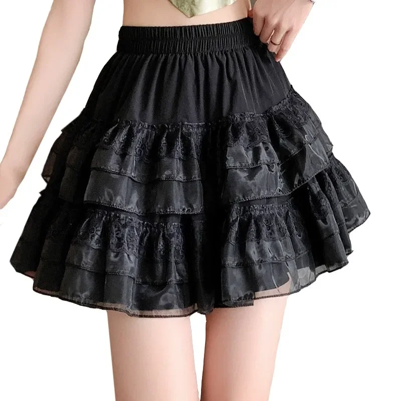 

Cake Mesh Pleated Women's Skirt Elasticity High Waist A- Shaped Slim Lace Skirt Lady Summer 2024 New Small Waist Femme Y2k