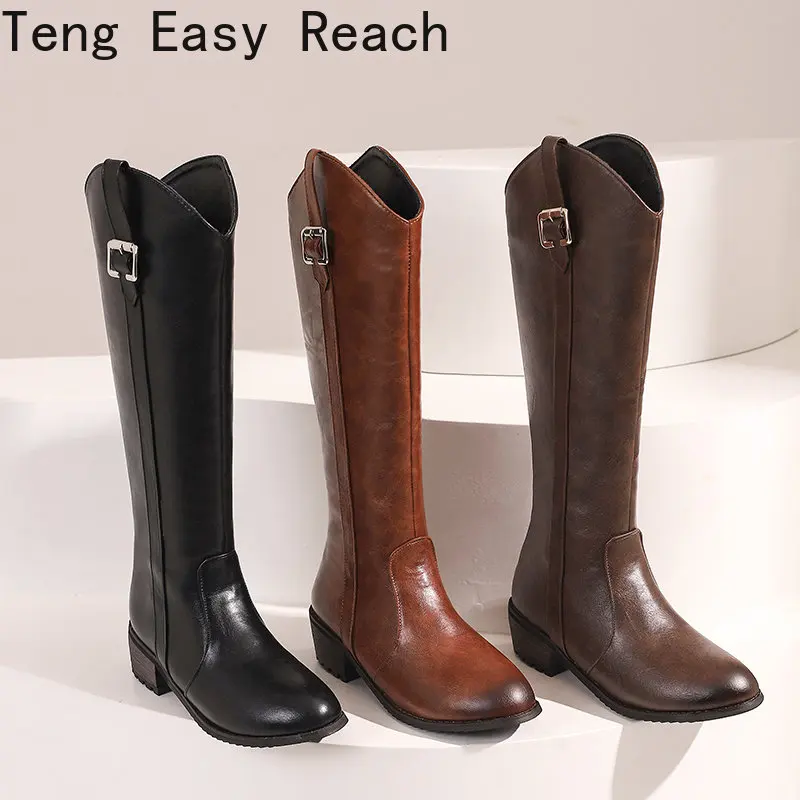 2023 New Women Knee High Boots Round head zipper Casual Low Heel Long Boots Autumn Winter Plus Size Ladies Shoes Black brown