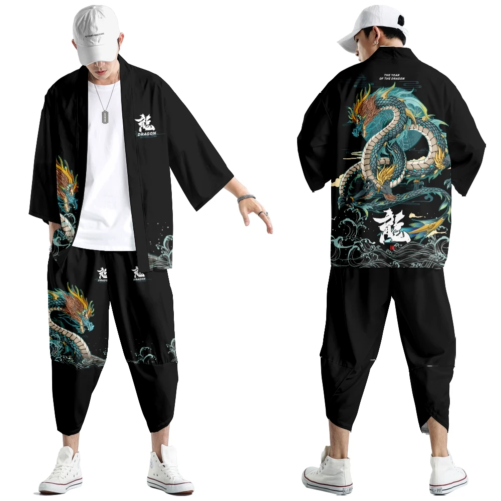 Two-piece Suit Oversize XXS-6XL Japanese Style Fashion Kimono And Pants Set Men Cardigan Blouse Haori Obi Asian Clothes