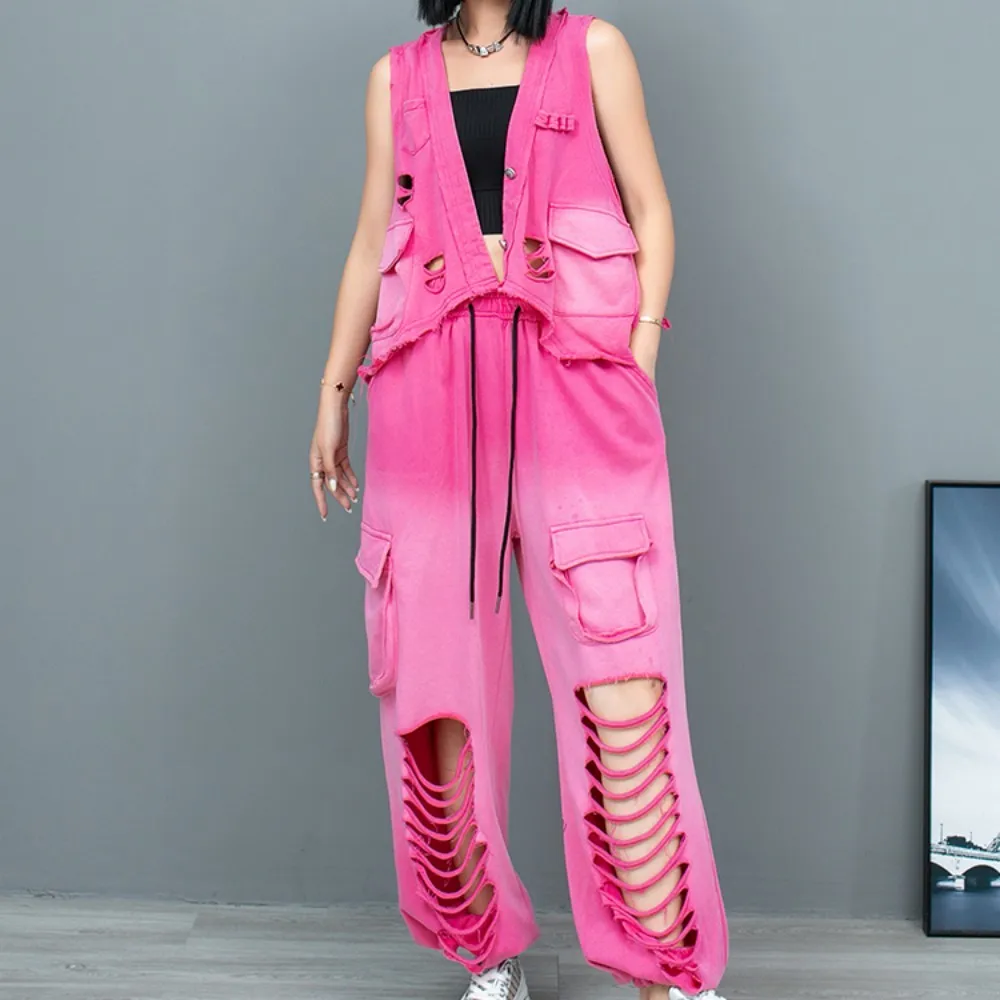 

Женский комплект из жилета и прямых брюк, комплект из двух предметов, жилет без рукавов с разрезами и контрастными градиентными цветами и прямые повседневные брюки, LX1281, лето 2024