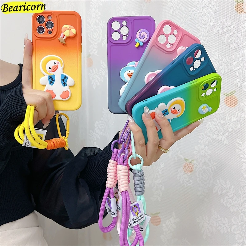 Cute Duck Wrist Strap Phone Case For Xiaomi Mi 14 13 12 11 10T Pro 13T 12T 12S 12X 11T 11X Lite Cartoon Bracelet Soft Cover_voghion.com