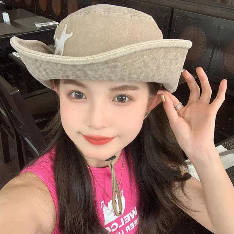 Pălării de vară retro roz cu bor mare, stil punk Y2K, cu stele, cu găleată, pentru exterior, protecție solară, alpinism, pălărie de cowboy, casual, Jazz_voghion.com