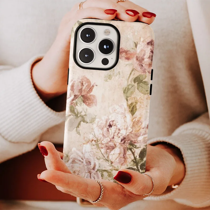 Retro Floral Dual-Layer Phone Case with Screen Protector
