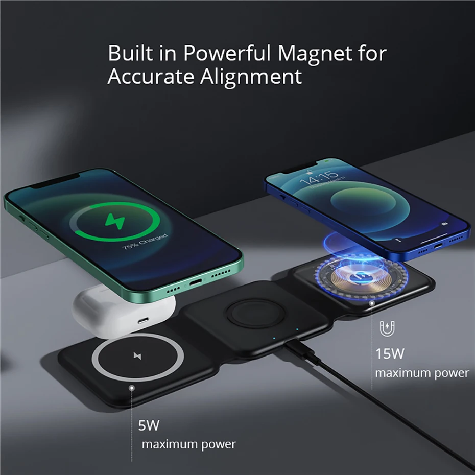 3 in 1 Magnetic Wireless Charging Station for Multiple Devices, Fast portable multifunction traveling wireless charger, Magnetic Foldable Charging Pad, Compatible with smart Phones, watches, AirPods