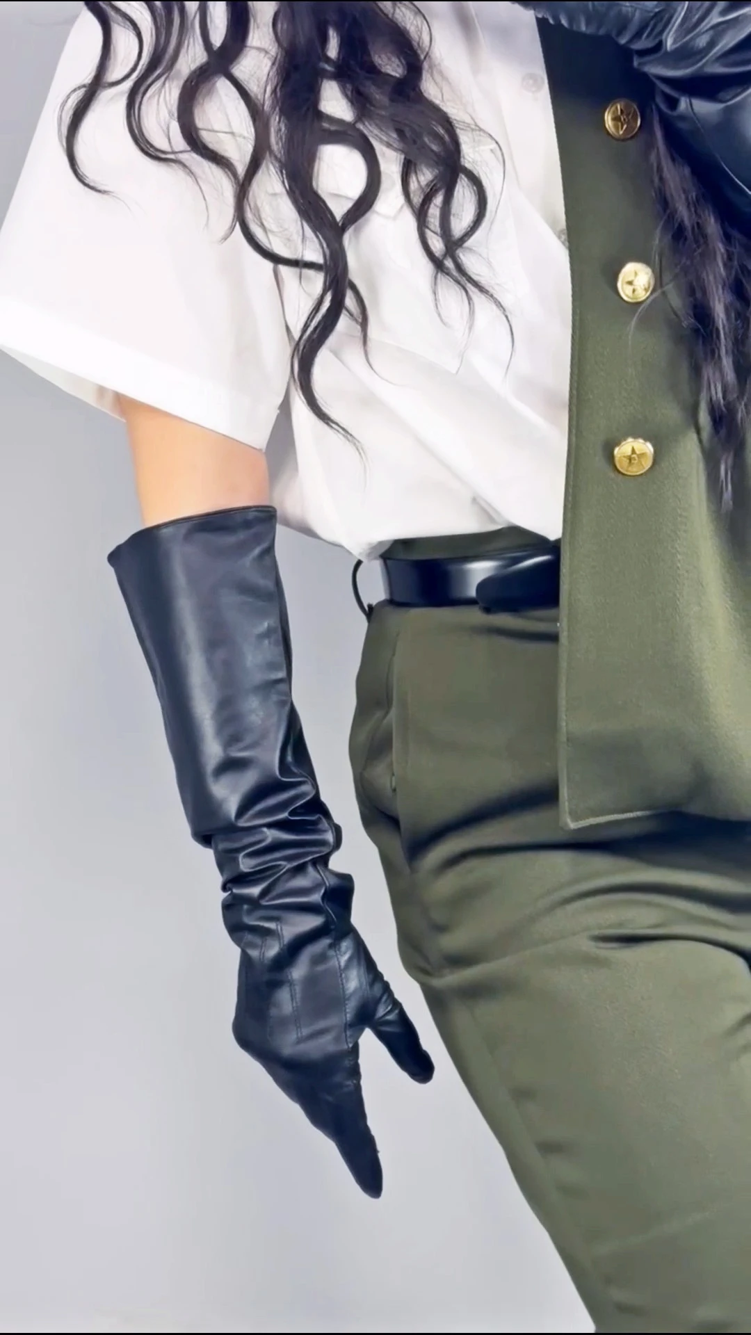 Unisex Black Real Leather Gloves Oversize Puff Sleeves Wide Elbow Long Genuine Goatskin Winter Warm Glove Evening Party Costume