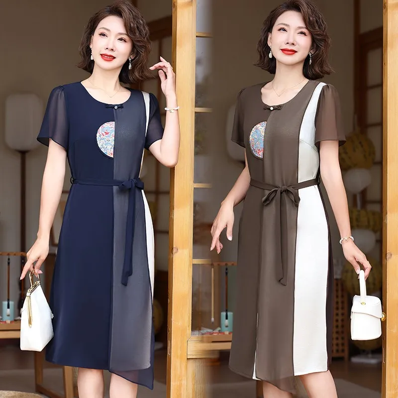 

Vintage Fashion Splicing Embroidery Chiffon Dresses Summer 2024 Short Sleeve O-Neck Loose Pullover Midi Dress Women's Clothing