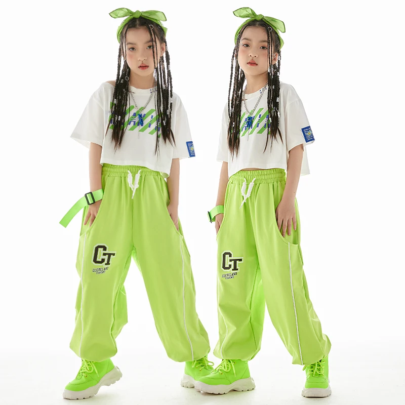 

Summer Girls Tops Green Pants Jazz Dance Costume Short Sleeves Modern Dance Performance Clothes Hip Hop Dance Outfit Kid BL10686
