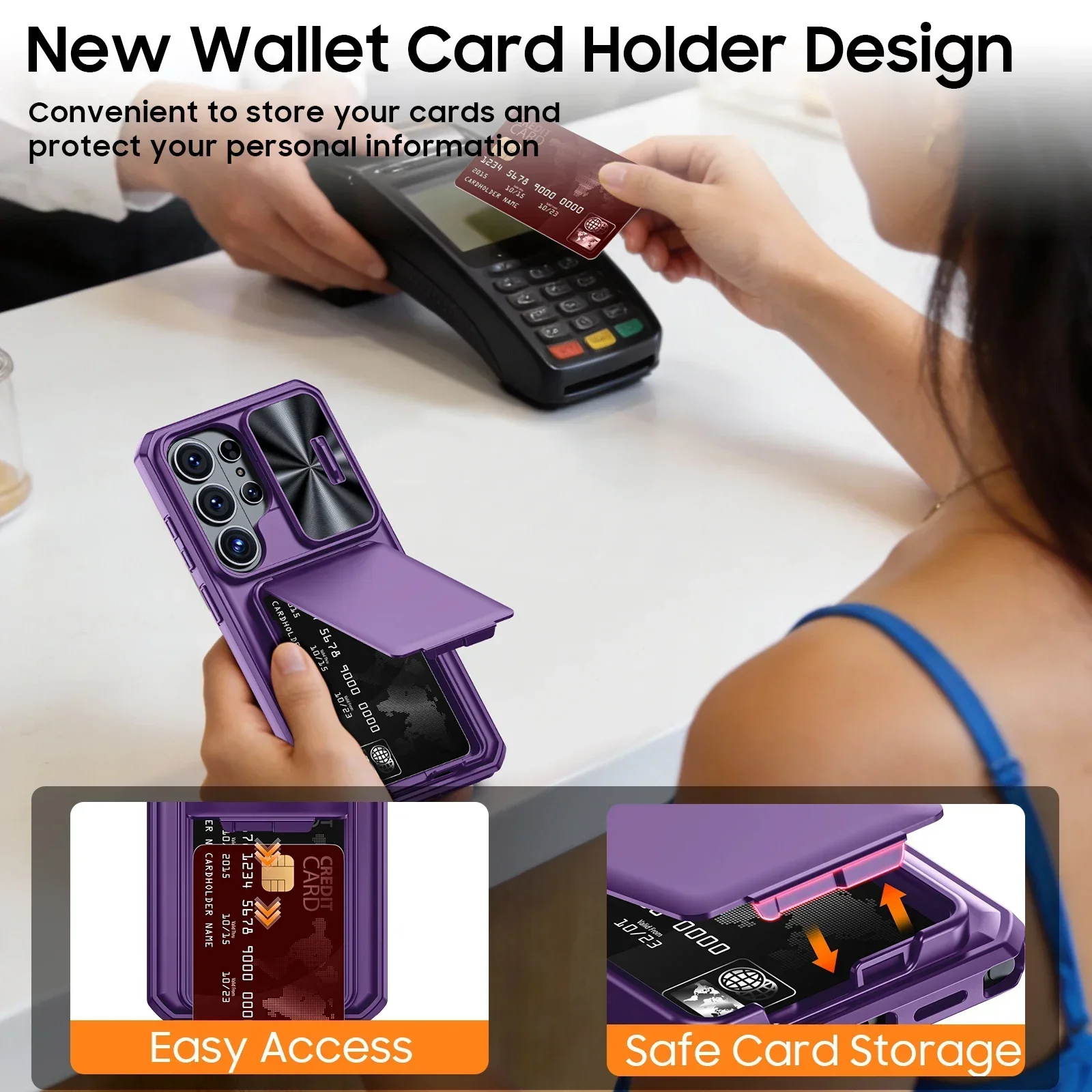 Purple Card Holder Phone Case with RFID Blocking, Slide Camera Cover & Heavy Duty Wallet Protection