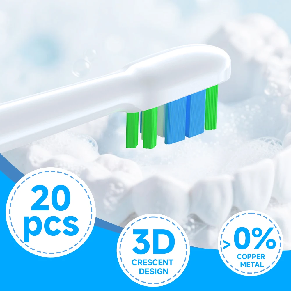 필립스 교체용 전동 칫솔 헤드 6500 6100 5300과 호환되는 20개 교체용 칫솔 헤드