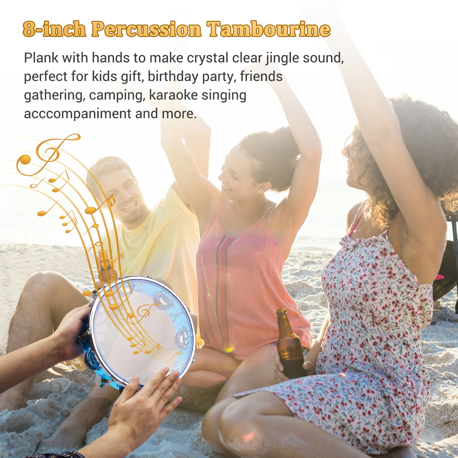 8-inch Tambourine Handbell Hand Drum with Double Row Jingles Percussion Instrument