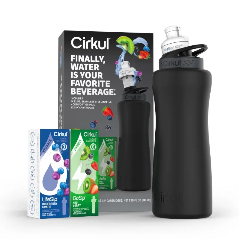 

32oz Matte Black Stainless Steel Water Bottle Starter Kit with Black Lid and 2 Flavor Cartridges (Blueberry Grape & Kiwi Berry)