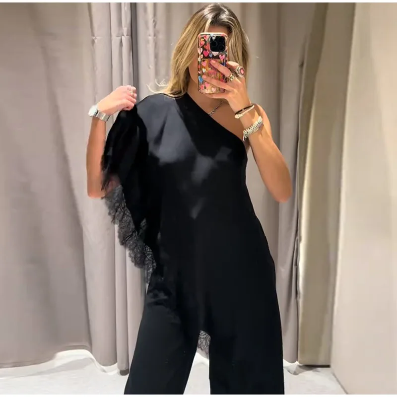 Solid Chic Loose Lace One Shoulder Top