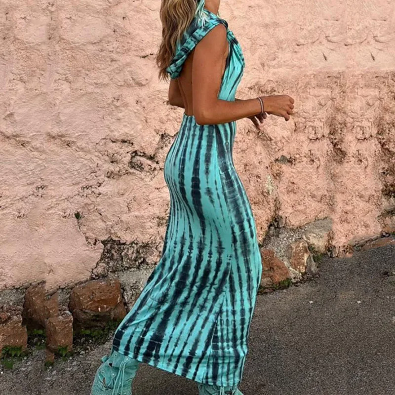 

Spring Swing Collar Slim Bodycon Long Dress Women Sexy Striped Print Boho Party Dress Summer Backless Hollow Maxi Dress Vestidos