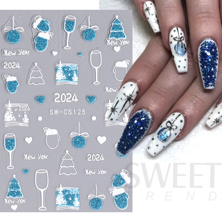 3D Blue Gold Glitter Christmas Nail Art Sticker Snowflake Star Bow Bell Wine Glass Gift Winter Xmas New Year French Manicure Tip 2