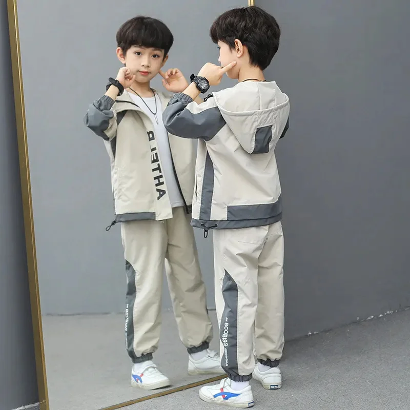 

Children Clothes Boys Spring Autumn Set 2023 New Fashion Patchwork Letters Hooded 2 Pieces Kids Sport Suits High Quality 110-160