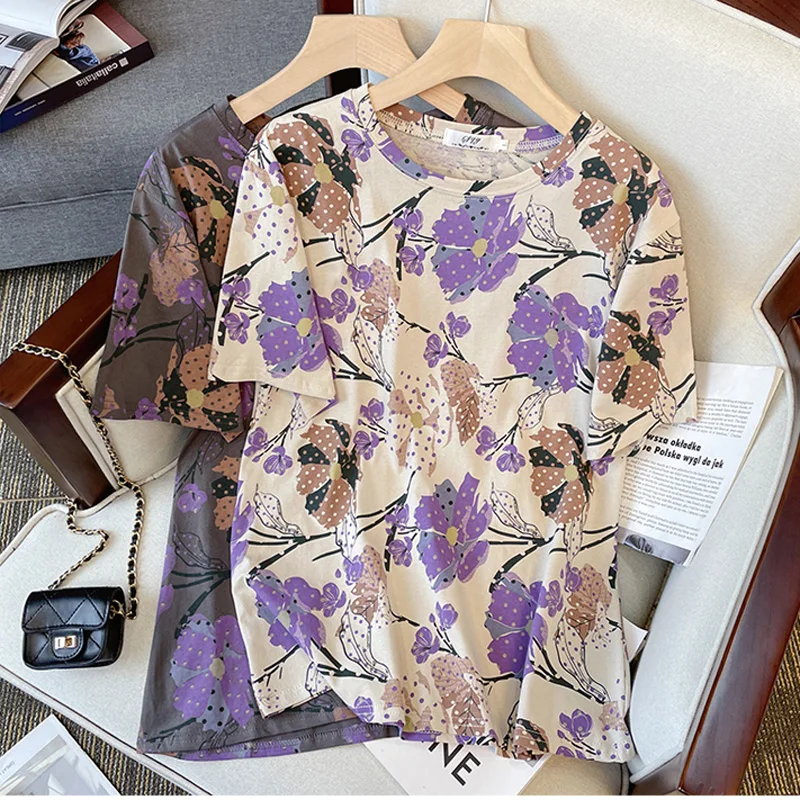 

Spring Summer Women Tee Round Neck Short Sleeve Harajuku T-shirt Pullover Plus Size Fashion Flower Printed Loose Cotton Y2k Tops