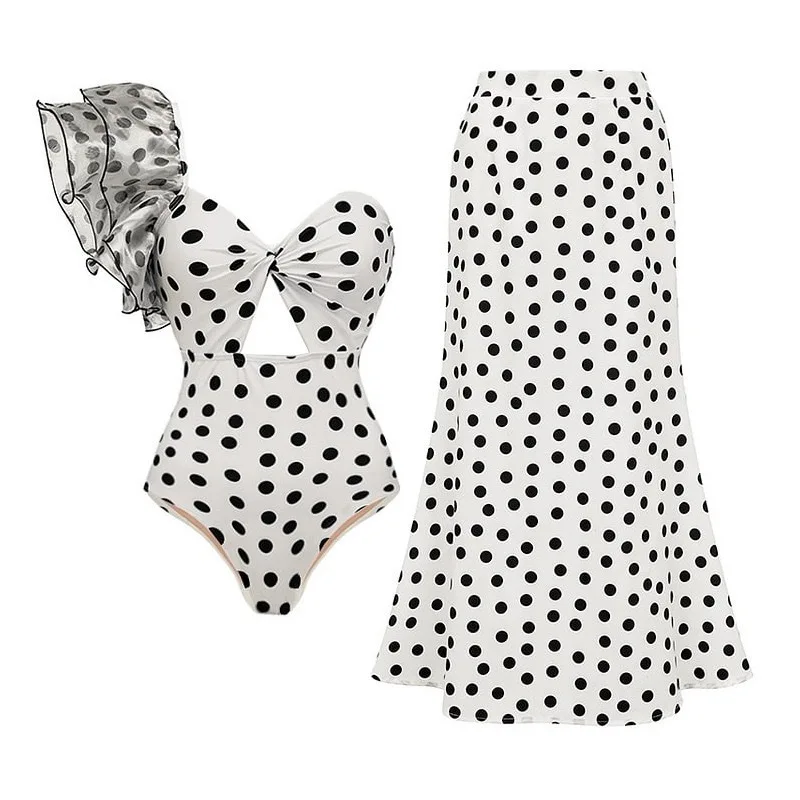 2024 New Sweet Cute Bow Bikini Contrasting Color Camisole Jumpsuit Two-pieces Sexy Elegant Polka Dot Beach Midi Skirt Swimsuit