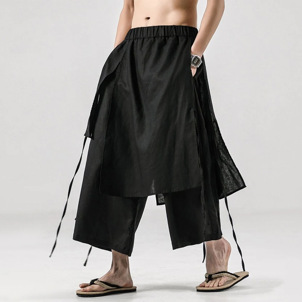 

Mens Double Layer Irregular Chinese Style Casual Culottes Genderless 2024 New Fashion Retro Solid Color Wide Leg Pants Unisex