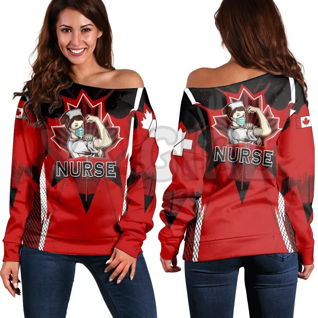 YX GIRL Canada Women's Off Shoulder Sweater Police Job  3D Printed Novelty Women Casual Long Sleeve Sweater Pullover