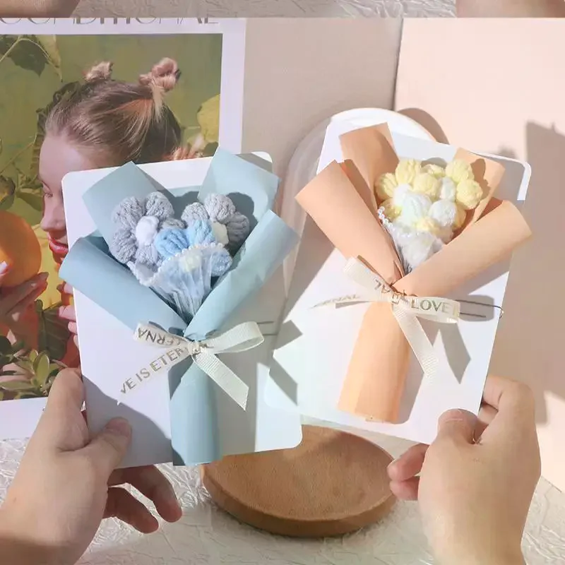 창의적인 3차원 꽃다발, 인사말 카드, 수제 크림 퍼프, 발렌타인데이 니트 꽃다발