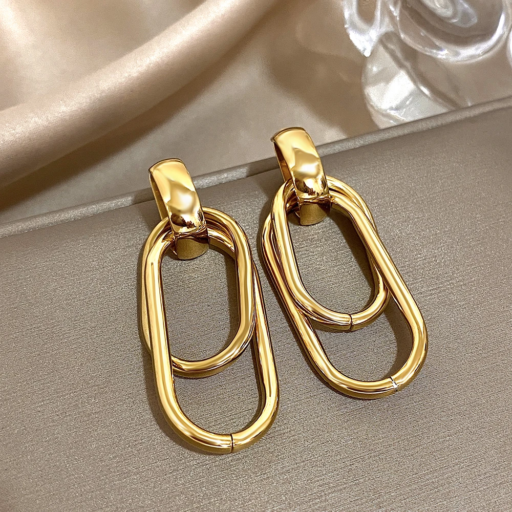 Fashion Stainless Steel Gold Silver Color Drop Earrings for Women Glossy Doublelayer U Shaped Pendant Earrings Jewelry Gifts