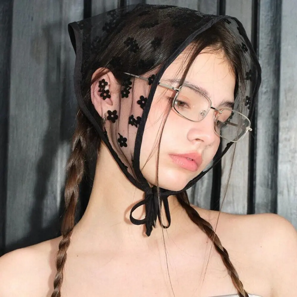 Donne pizzo triangolo sciarpa fascia per capelli fiore foulard Y2K