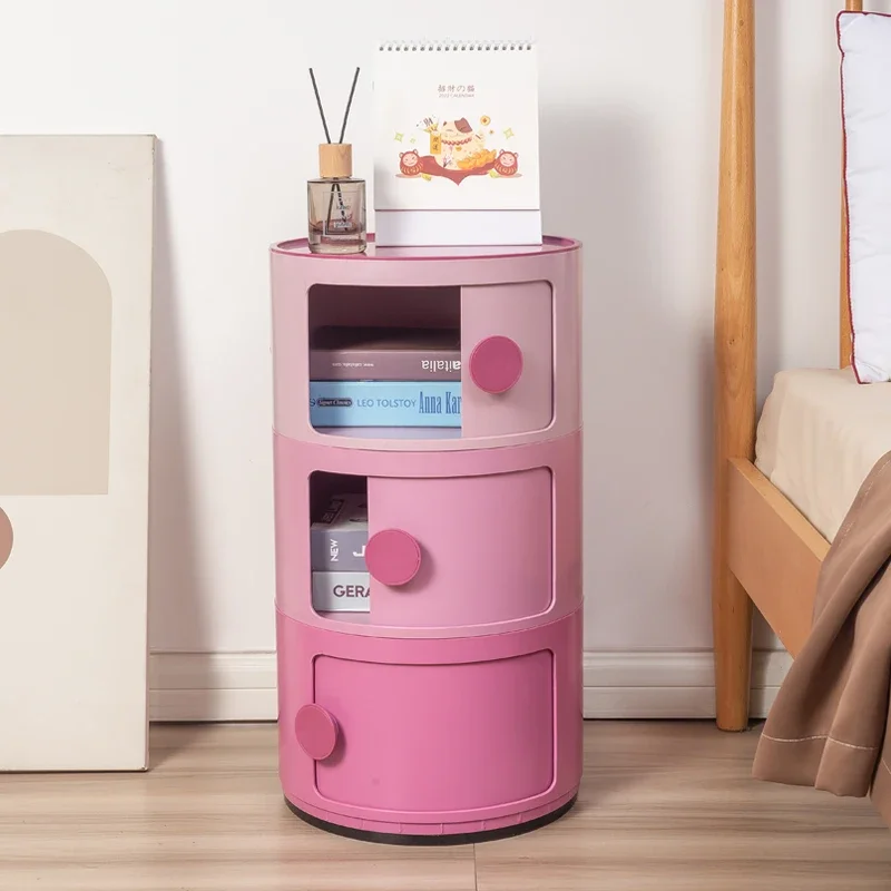 PK72: Trendy Round Storage Cabinet, Pink Mini Bedside Table, Space-Saving Organizer, Elegant Bedroom Storage, Gradient Pink Unit