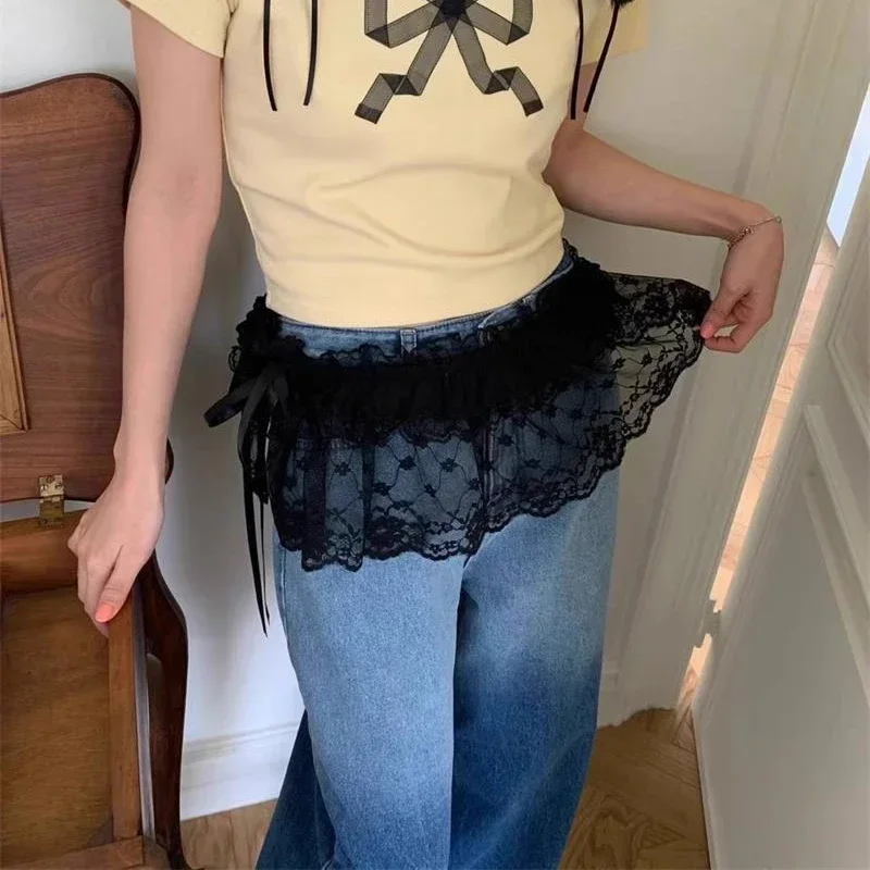 Deeptown Korean Style Lace Mini Skirts Women Elegant Sweet Lolita Short Skirts Cute High Waist Y2k Streetwear Black Ruffle Skirt 6