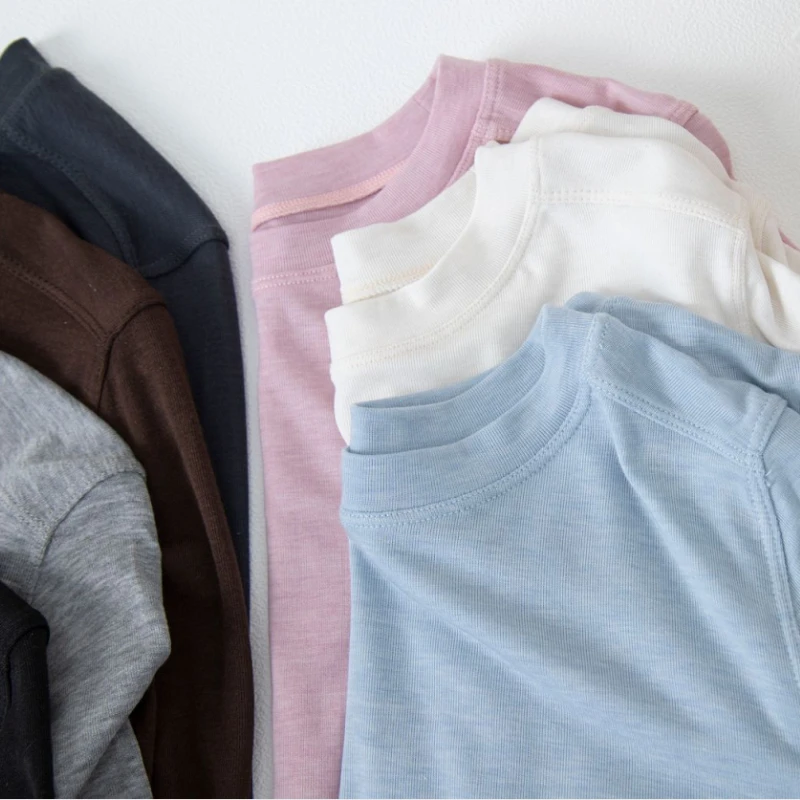 Silk Wool Splice Long Sleeve T-shirt Women Spring Summer Thin Soft Waxy Fit Solid Color Backing Top