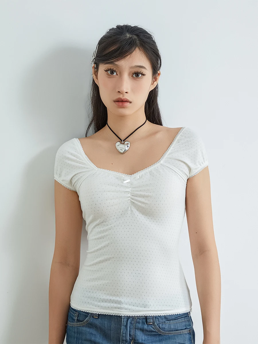 

Women Y2k Lace Trim Bow T-shirt Solid Color Short Sleeve Hollowed Slim Fit Tops Summer Casual Tees for Daily Wear Streetwear