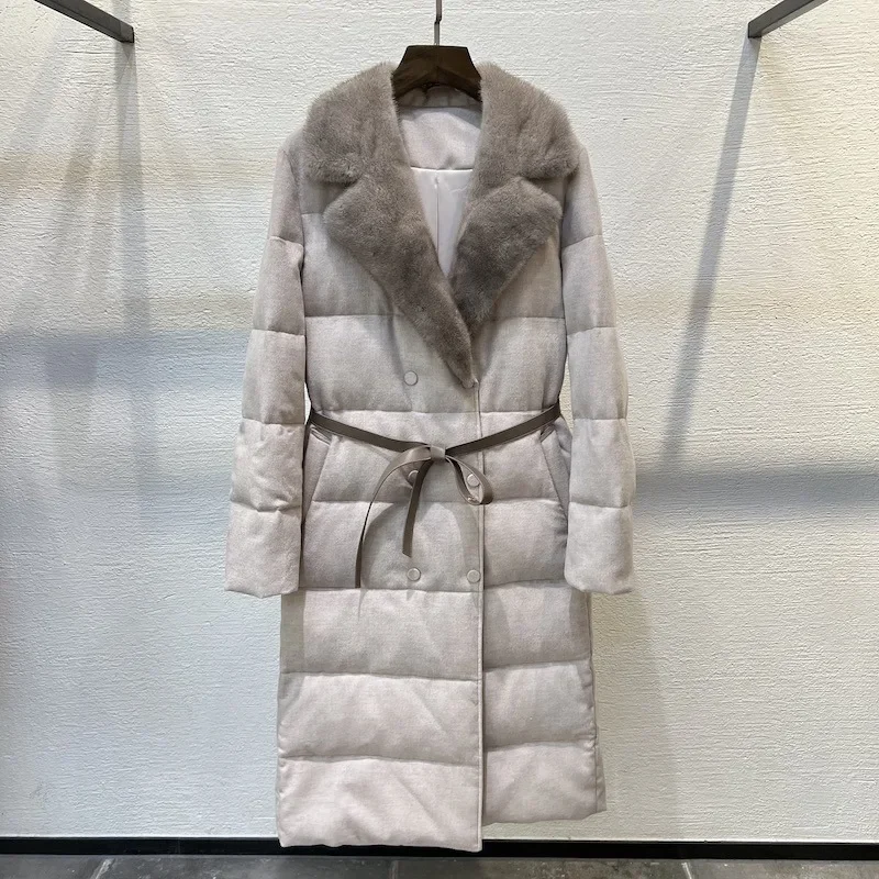 

autumn winter women's fashion elegant luxury mink fur collar white goose down overcoat jacket parka with sheepskin belt