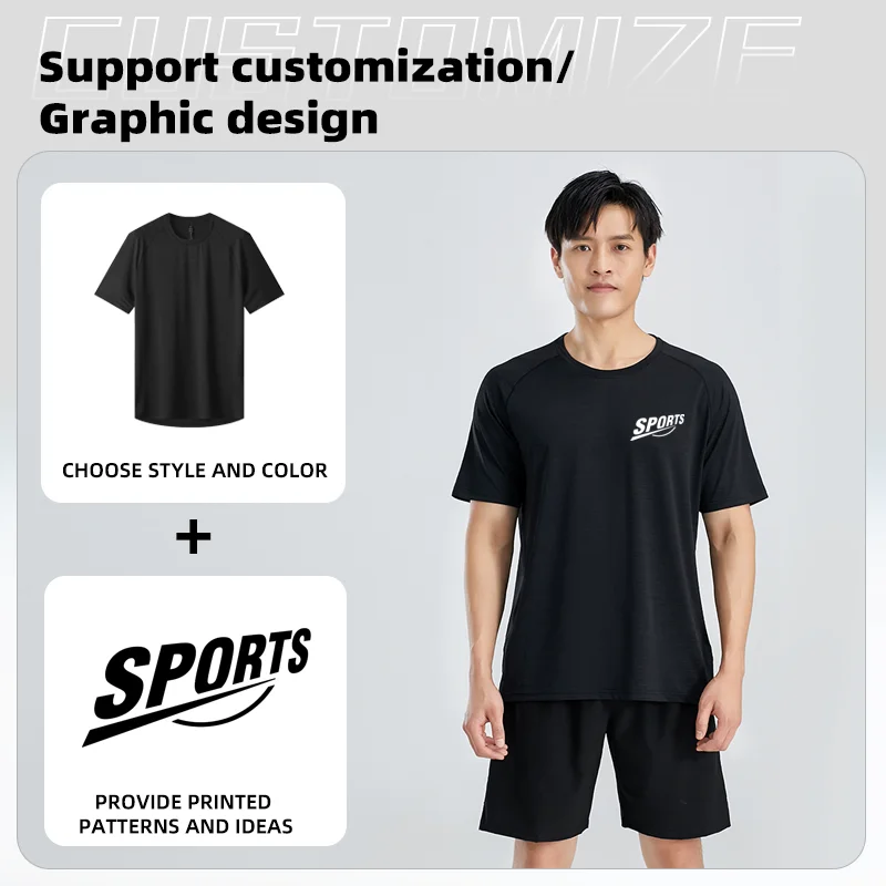 Men Ice Silk Quick Drying Sportswear Suit Fitness Clothes Short Sleeve Sports T-shirt Shorts Running Tracksuit Gym Training Set 3