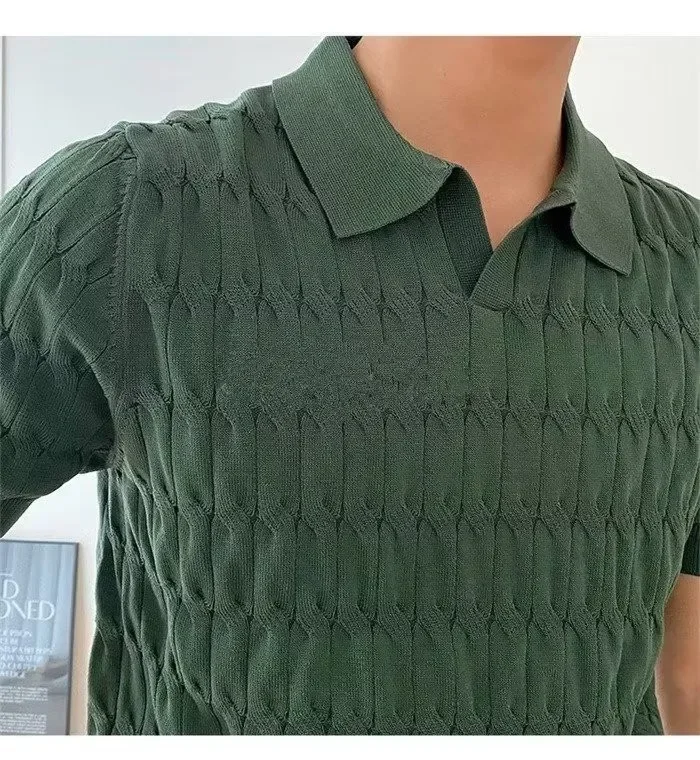 Men's Summer Jacquard Knitted Polo Shirts Stylish V-neck