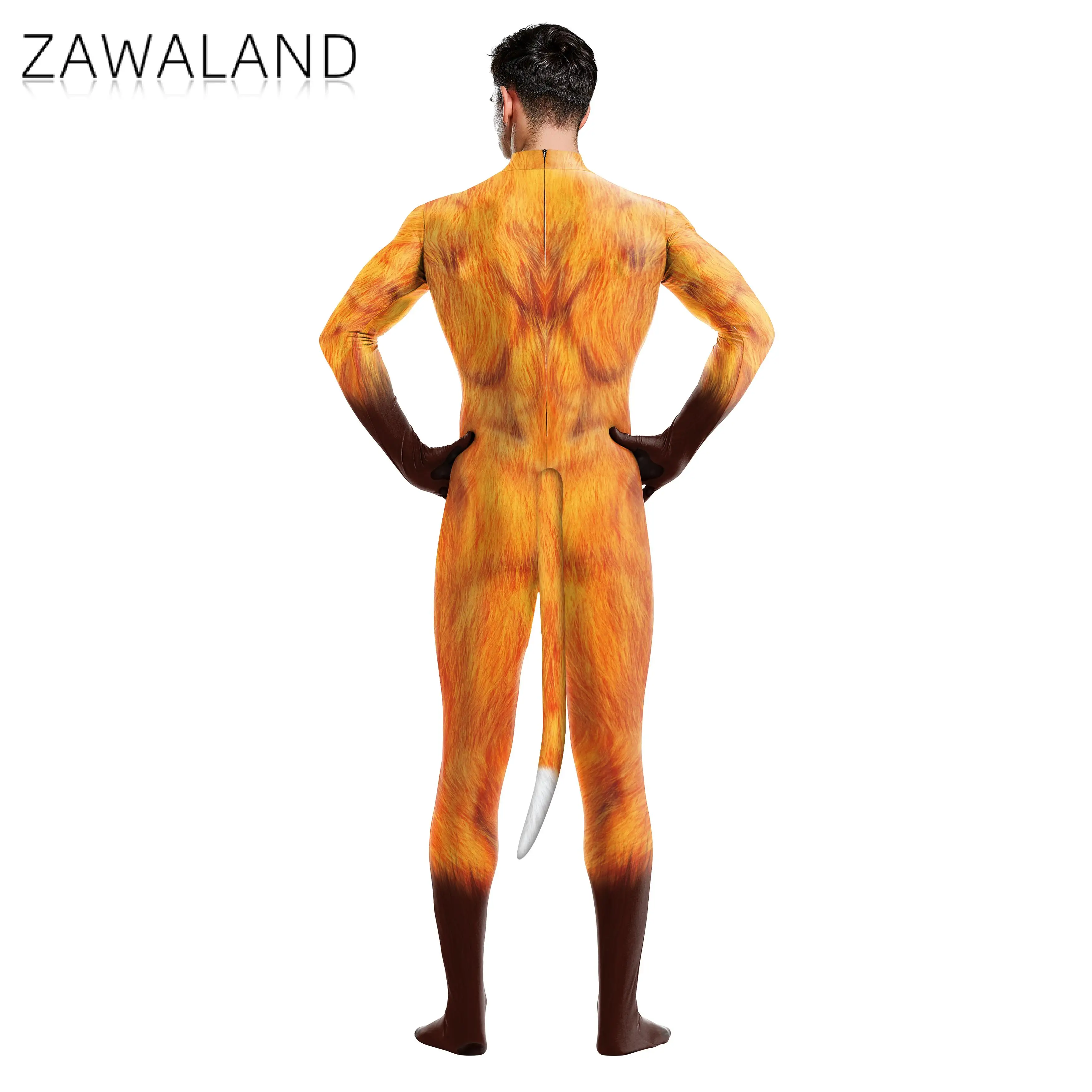 Zawaland Creative Cosplay Petsuit Fox Print Animal Costume Spandex Zentai with tail Stretch Full Cover Bodysuits Outfits