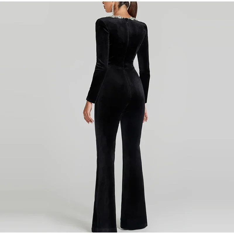 Black Beaded Velvet Jumpsuits For Women One Piece Long Sleeve Square Collar Full Length Jumpsuit Christmas Evening Party Gown