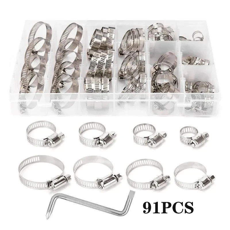 91PCS Stainless Steel Hose Clamp Adjustable Worm Gear Clamp 8-44mm Hose Clips Pipe Clamps Automotive Clip Fixed Tool+Wrench
