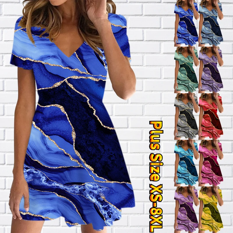 

Женская винтажная юбка с коротким рукавом, свободная юбка большого размера с V-образным вырезом и принтом, летняя Облегающая Юбка До Колена, 2023