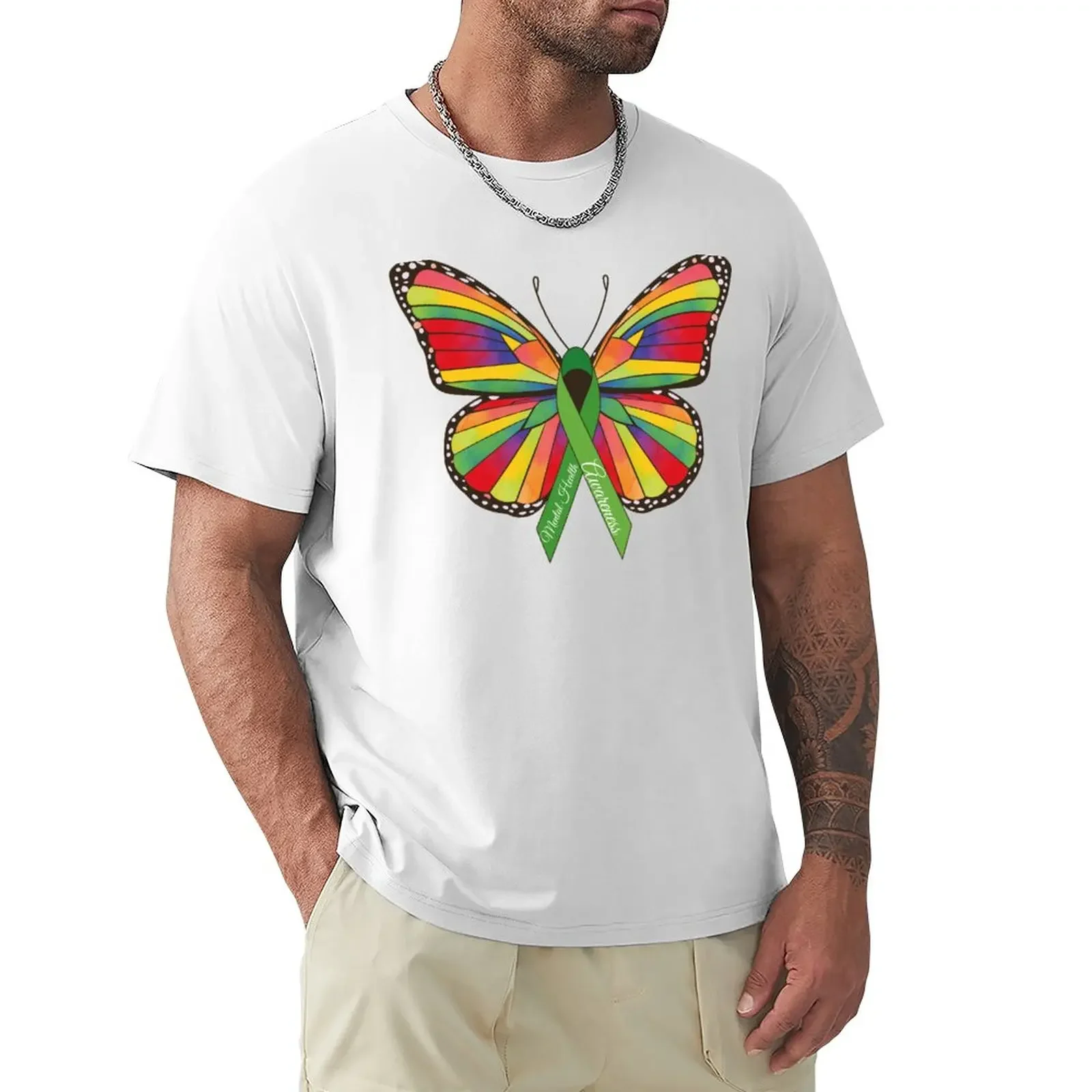 

Mental Health Awareness Butterfly Ribbon Green T-Shirt vintage oversized fitted t shirts for men