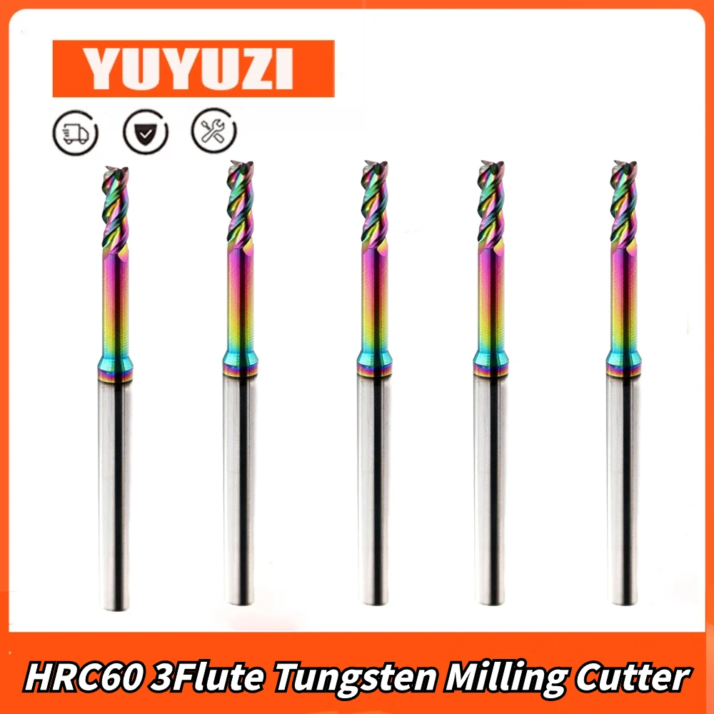 

Carbide End Mill HRC60 3Flute Tungsten Milling Cutter Cnc Router Long Flute Endmills 1mm 1.5mm 3mm Seven Colors for DLC Aluminum