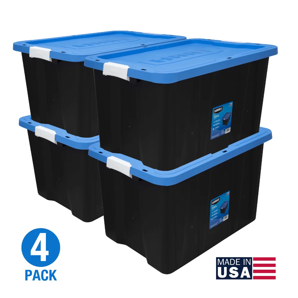 

HART 27 Gallon Heavy Duty Latching Plastic Storage Bin Container, Black, Set of 4