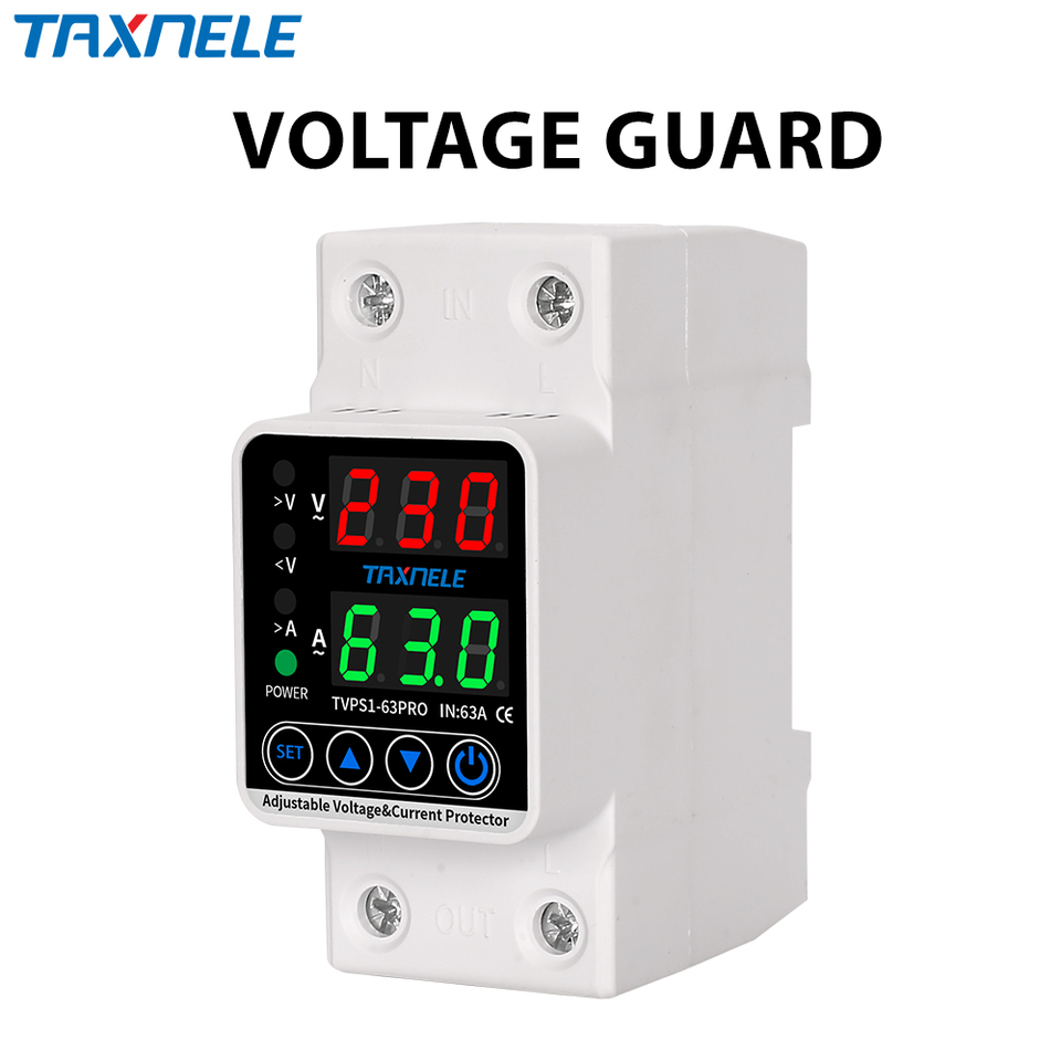 Dual Display 63A 230V Din Rail Adjustable digital Over Under Voltage Relay Surge Protector Limit Over Current Protection
