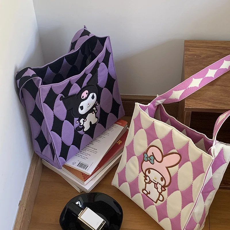 Kawaii Sanrio My Melody Kuromi Cinnamoroll Plaid Shoulder Bag Knitted Bag Cute Cartoon Peluche Bags for Girls Women Students miniso sanrio hello kitty kuromi backpacks girls bookbag school bags cartoon kids rucksack travel rucksack shoulder bag mochila