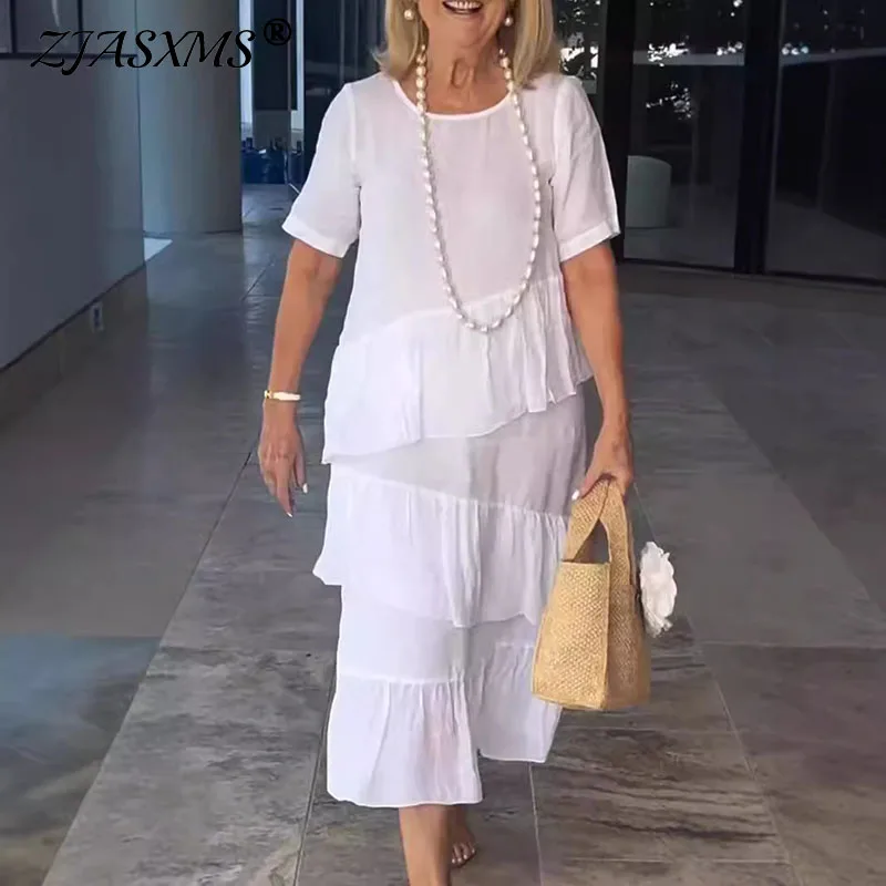 Spring Summer Solid Cotton and Linen Dress Women Casual Round Neck Ruffles  Long Dress Femme Short Sleeve A-Line Pullovers Dress - AliExpress 200000345