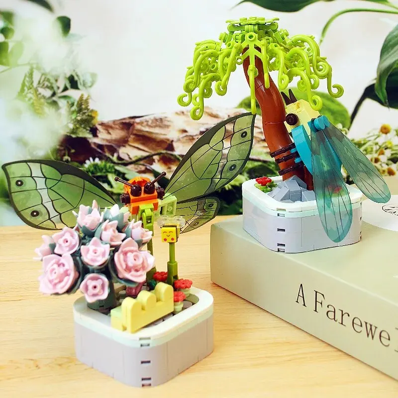 곤충 꽃 화분에 심은 빌딩 블록, 다육 꽃다발 벽돌 모델, 창의적인 장식, DIY 조립 장난감, 여아 어린이 선물