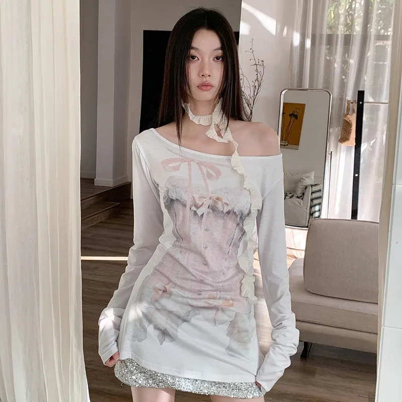 Genayooa Fairycore Print Grafik Tops Frauen Off Schulter Y2k Vintage T Shirt Streetwear Koreanischen Stil Mode T Tops 2000er Jahre – Detail 13