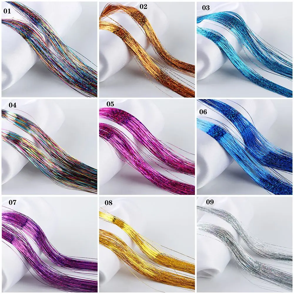 100 fili Ragazze Streak Clubbing Estensione dei capelli scintillanti Capelli di seta bling Tinsel Glitter Colore arcobaleno - immagine 6