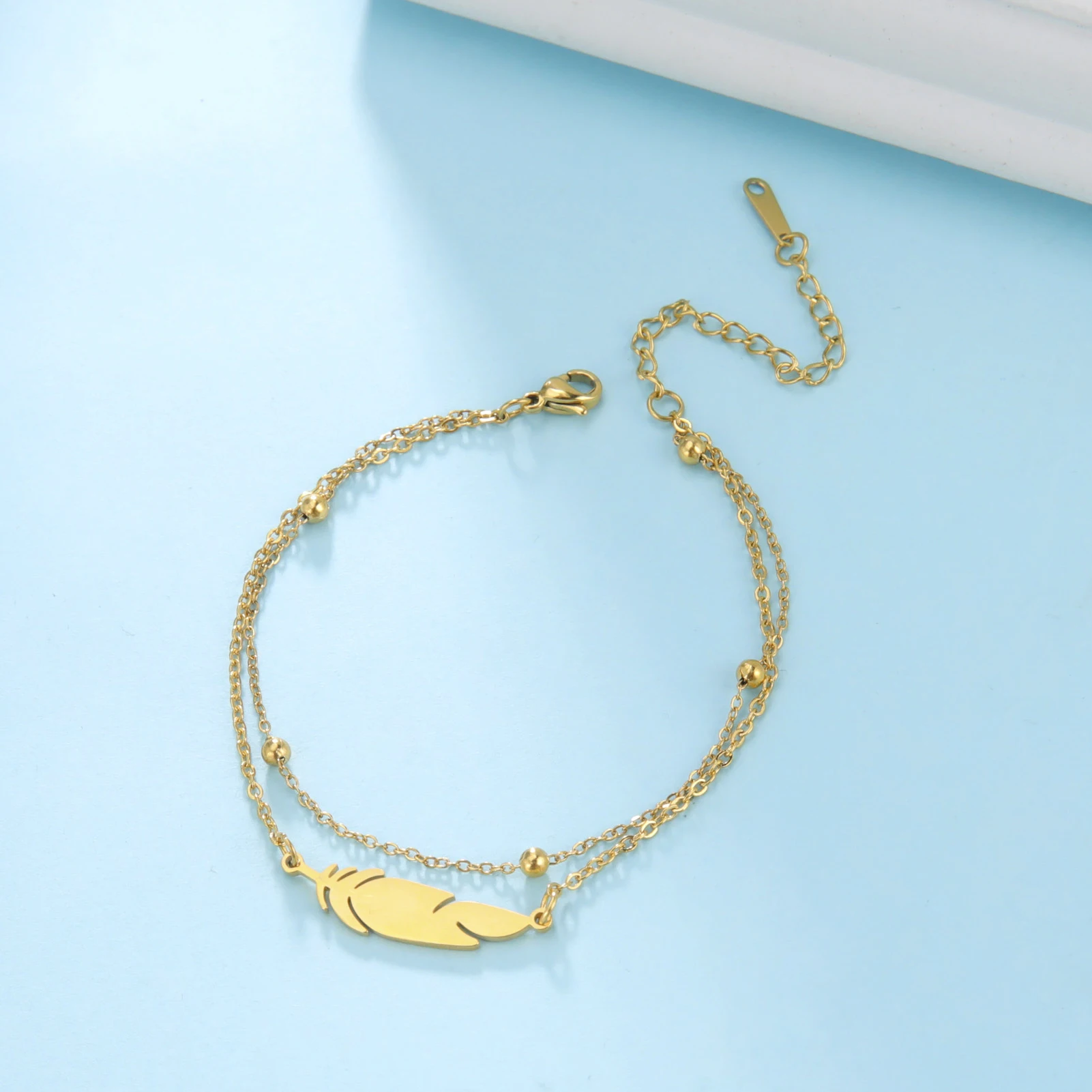 Kkjoy موضة بسيطة الفولاذ المقاوم للصدأ سلسلة القدم للنساء الذهب اللون ريشة خلخال محظوظ الأحمر سلسلة مجوهرات اكسسوارات هدايا