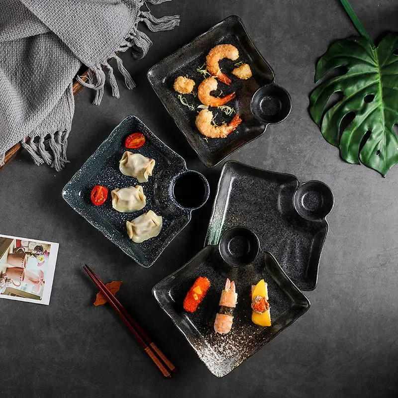Japanese Dining Plate Ceramics Dipping Sauce Plate Vintage Cold Vegetables Tableware Chinese Dumpling Dish Sector Fish