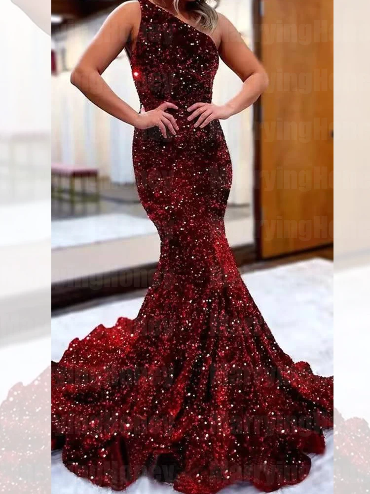 

Women's One Shoulder Backless Sequin Floor Length Prom Dresses with Train Sexy Mermaid Long Formal Evening Gowns Plus Size