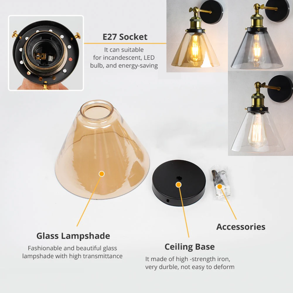 GZMJ LED Coffee Bar Loft Vintage Hang Lamp Wall Light Glass Rope Industrial Smoky Grey Kitchen Garden